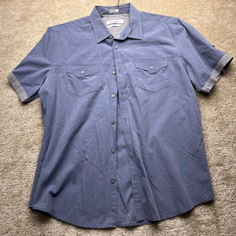 Calvin Klein Mens Slim Fit Short Sleeve Button Down Shirt Blue Cotton Large